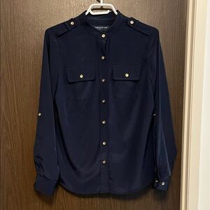 Jones New York Navy Blouse with Gold Buttons